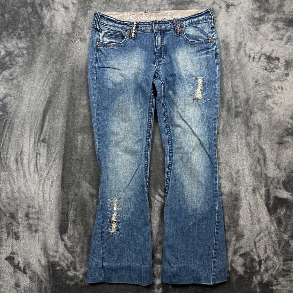 Industrial Cotton Flare Jeans Womens Size 9 Blue Distressed Sequin Embellished